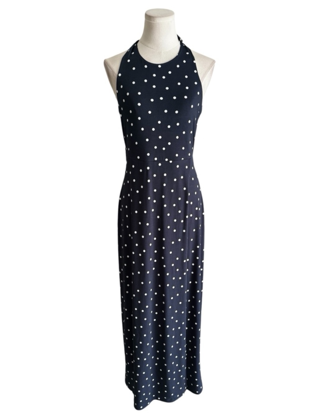 BANANA REPUBLIC Navy Blue White Polka Dot Halter Maxi Dress Vacation Preppy S